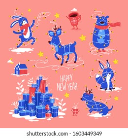 Christmas and Happy New Year holidays set. Funny rabbit, deer, fox, dog, gifts, bear and a cup of cocoa in a Christmas garland on the pink background. 