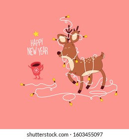 Christmas and Happy New Year holidays card. Funny deer and a cup of cocoa in a Christmas garland on the pink background. Use for card, poster, banner, web design and print on t-shirt. Easy to edit.