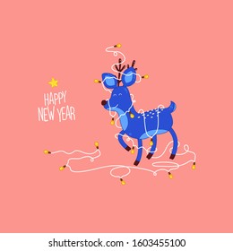 Christmas and Happy New Year holidays card. Funny deer and a cup of cocoa in a Christmas garland on the pink background. Use for card, poster, banner, web design and print on t-shirt. Easy to edit.