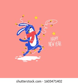 Christmas and Happy New Year holidays card. Funny blue bunny jumping in a Christmas garland on the pink background. Use for card, poster, banner, web design and print on t-shirt. Easy to edit.