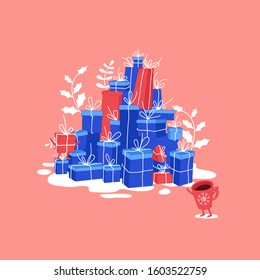Christmas and Happy New Year holidays card. Gift boxes bunch with cup of coffee in the snow. Use for card, poster, banner, web design and print on t-shirt. Easy to edit. Vector illustration.