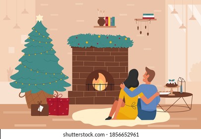 Christmas, Happy New Year holidays near festive decorated home fireplace vector illustration. Cartoon couple people celebrate winter holiday season, sit fireside, romantic xmas celebration background