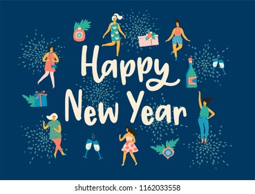 Christmas and Happy New Year illustration with dancing women. Trendy retro style. Vector design template.