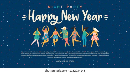 Christmas and Happy New Year illustration with dancing women. Trendy retro style. Vector design template.