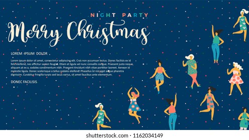 Christmas and Happy New Year illustration with dancing women. Trendy retro style. Vector design template.