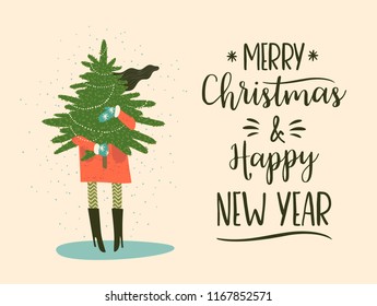 Christmas and Happy New Year illustration. Trendy retro style. Vector design template.