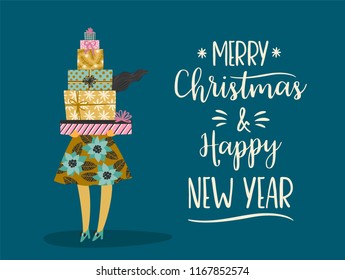 Christmas and Happy New Year illustration. Trendy retro style. Vector design template.