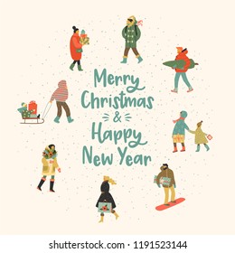 Christmas and Happy New Year illustration whit people. Trendy retro style. Vector design template.