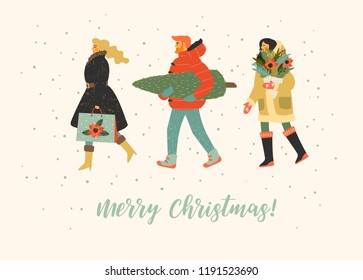 Christmas and Happy New Year illustration whit people. Trendy retro style. Vector design template.