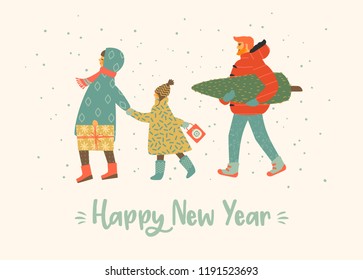 Christmas and Happy New Year illustration whit people. Trendy retro style. Vector design template.