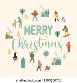 Christmas and Happy New Year illustration whit people. Trendy retro style. Vector design template.