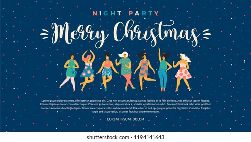 Christmas and Happy New Year illustration with dancing women. Trendy retro style. Vector design template. Christmas and Happy New Year illustration with dancing women. Trendy retro style. Vector design template.