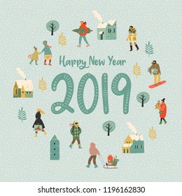 Christmas and Happy New Year illustration whit people. Trendy retro style. Vector design template. Christmas and Happy New Year illustration whit people. Trendy retro style. Vector design template.