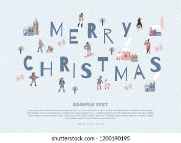 Christmas and Happy New Year illustration whit people. Trendy retro style. Vector design template.