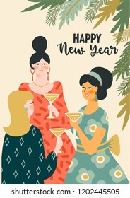 Christmas and Happy New Year illustration young women drinking champagne. Trendy retro style. Vector design template. Christmas and Happy New Year illustration young women drinking champagne. Trendy retro style. Vector design template.