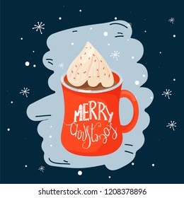 Christmas and Happy New Year illustration. Mug with cacao and whipped cream. Greeting card for Xmas, New year or winter holidays. Vector design template.