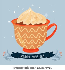 Christmas and Happy New Year illustration. Mug with cacao and whipped cream. Greeting card for Xmas, New year or winter holidays. Vector design template.