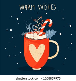 Christmas and Happy New Year illustration. Mug of cacao with marshmallow, holly leaves and Christmas lollipop. Greeting card for Xmas, New year or winter holidays. Vector design template.