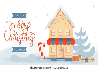 Christmas and Happy New Year illustration. Merry Christmas house with fir-tree and gifts. Vector illustration.
