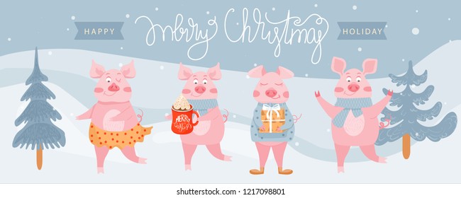 Christmas and Happy New Year illustration. Merry Christmas illustration with fir-tree and cute pigs. Vector illustration.