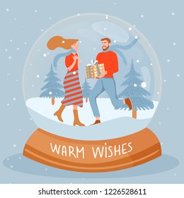 Christmas and Happy New Year illustration. Snow globe with happy couple. Man giving to his woman a gift box. Vector illustration.