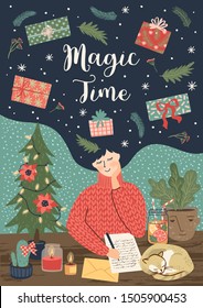 Christmas and Happy New Year illustration with cute woman. Trendy retro style. Vector design template.