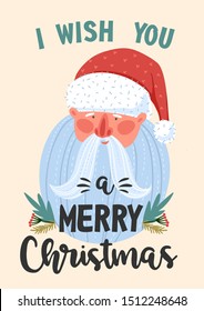 Christmas and Happy New Year illustration with Santa Claus. Trendy retro style. Vector design template.