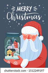 Christmas and Happy New Year illustration with Santa Claus. Trendy retro style. Vector design template.