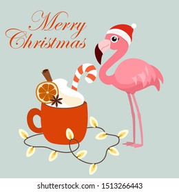 Christmas and Happy New Year illustration. Fun holiday card of cute flamingo with drink. Vector template.