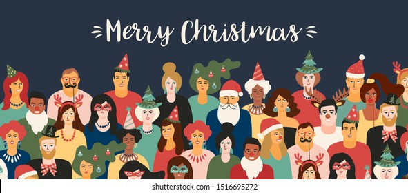 Christmas and Happy New Year illustration with people in carnival costumes. Trendy retro style. Vector design template.