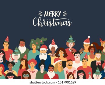 Christmas and Happy New Year illustration with people in carnival costumes. Trendy retro style. Vector design template.