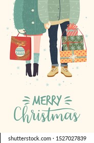 Christmas and Happy New Year illustration with romantic couple with gifts. Trendy retro style. Vector design template.