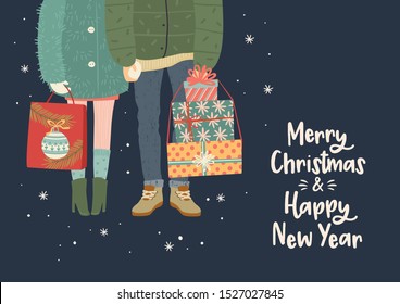 Christmas and Happy New Year illustration with romantic couple with gifts. Trendy retro style. Vector design template.