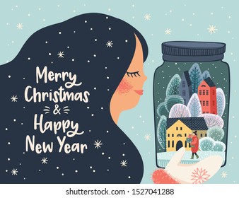Christmas and Happy New Year illustration with cute woman. Trendy retro style. Vector design template.