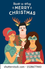 Christmas and Happy New Year illustration with people in carnival costumes. Trendy retro style. Vector design template.
