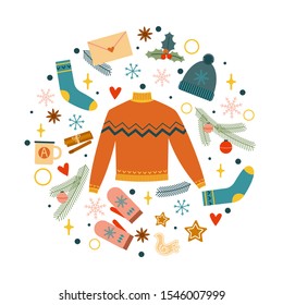 Christmas and Happy New Year illustration with cute objects: orange sweater, knitted socks, hat, gloves. Bright colors. Vector design template.