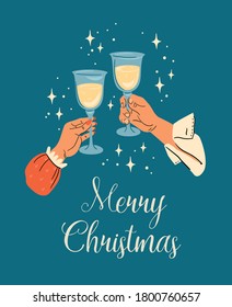 Christmas and Happy New Year illustration of male and female hands with champagne glasses. Trendy retro style. Vector design template.