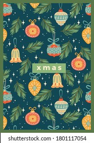 Christmas and Happy New Year illustration with Christmas decorations. Trendy retro style. Vector design template.