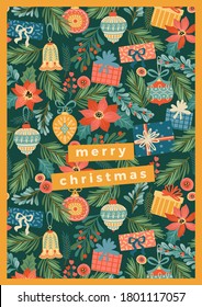 Christmas and Happy New Year illustration with Christmas decorations. Trendy retro style. Vector design template.