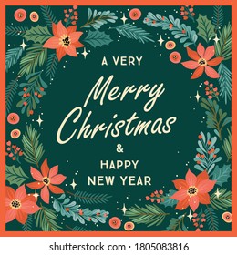 Christmas and Happy New Year illustration with Christmas tree and flowers. Trendy retro style. Vector design template.