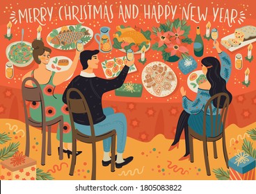 Christmas and Happy New Year illustration of people at christmas table. Festive meal. Trendy retro style. Vector design template.