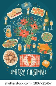 Christmas and Happy New Year illustration of christmas table. Festive meal. Trendy retro style. Vector design template.