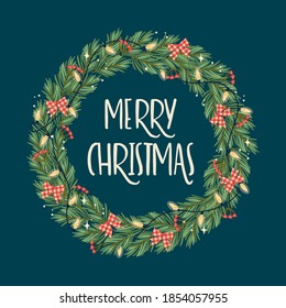 Christmas and Happy New Year illustration with Christmas wreath. Trendy retro style. Vector design template.