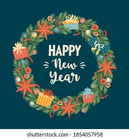 Christmas and Happy New Year illustration with Christmas wreath. Trendy retro style. Vector design template.