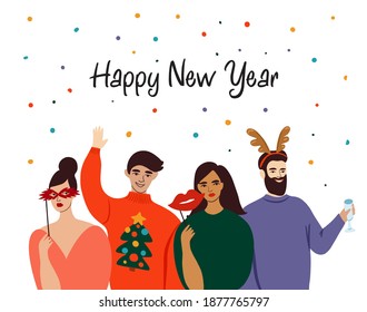 Christmas and Happy New Year illustration with people in carnival costumes. Trendy retro style. Vector design template.
