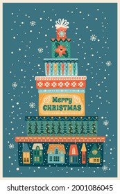 Christmas and Happy New Year illustration with gift boxes. Trendy retro style. Vector design template.