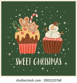 Christmas and Happy New Year illustration with christmas sweets. Trendy retro style. Vector design template.