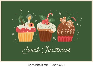 Christmas and Happy New Year illustration with christmas sweets. Trendy retro style. Vector design template.