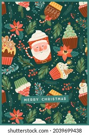 Christmas and Happy New Year illustration with christmas sweet and drink. Trendy retro style. Vector design template.