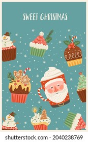 Christmas and Happy New Year illustration with christmas sweet and drink. Trendy retro style. Vector design template.